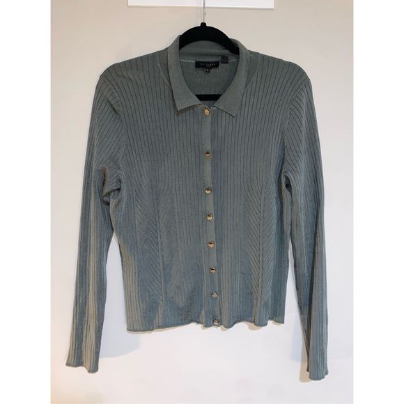 Ted Baker London Meenaa Cardigan Ribbed Top in Olive Green - Size 3 (US Medium) - Picture 3 of 12